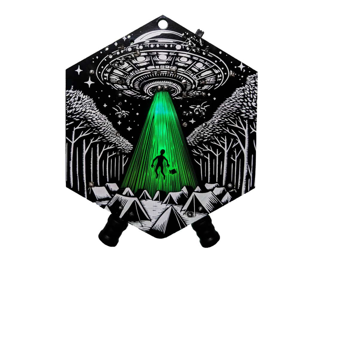 EMF Explorer badge PCB artwork, UFO design with illuminated beam