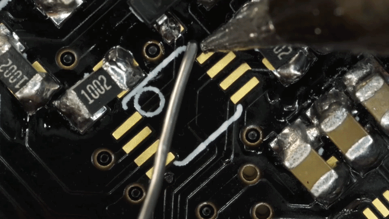 Animated GIF of drag soldering technique for ICs